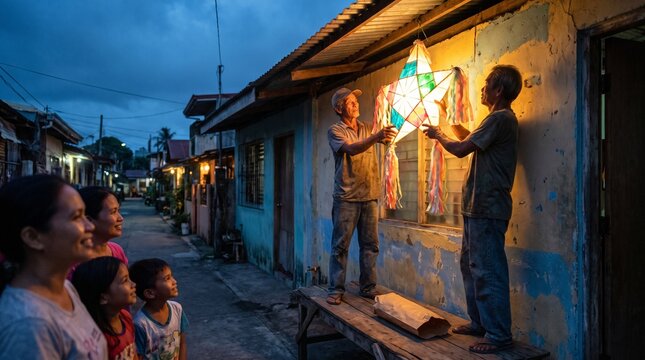 Neighbors hang a parol lantern for Christmas evening