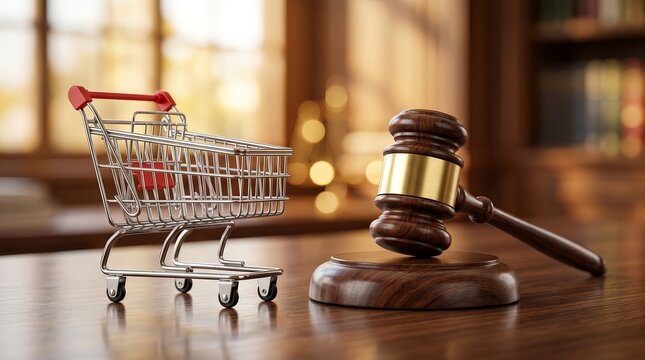 A miniature shopping cart stands next to a wooden judge's gavel representing consumer responsibilities.