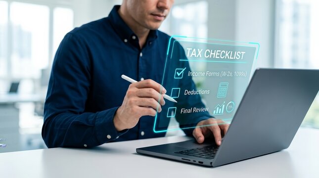 A person using a stylus on a touchscreen laptop for digital tax filing and checklist management.