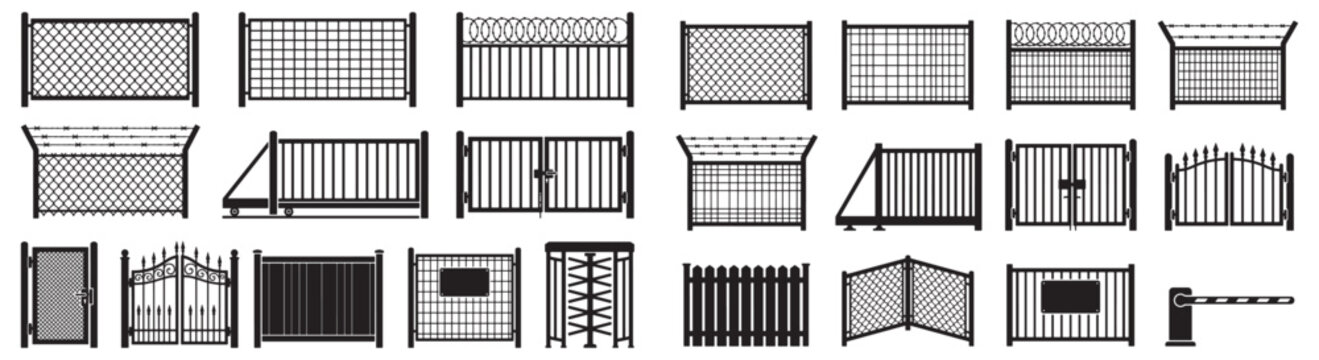 Set of Security Fences and Gates Silhouette Icons With Barbed Wire, Chain Link and Decorative Panels