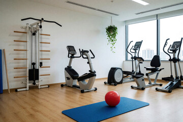 Fototapeta premium Modern medical rehabilitation gym with fitness equipment. Physical therapy room features stationary bike, elliptical trainer, gym wall bars, exercise ball on blue mat. Pro clinic facility for patient