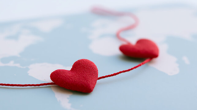Two red fabric hearts connected by a thin string on top of a light blue world map surface symbolizing global love and connection theme