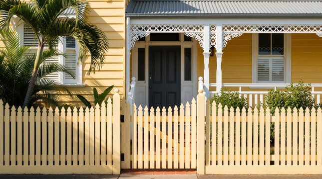 Traditional Brisbane Queenslander house with yellow timber facade, white decorative lace trim. Classic front door behind pale picket fence. Sunny day at residential property with tropical palm tree,