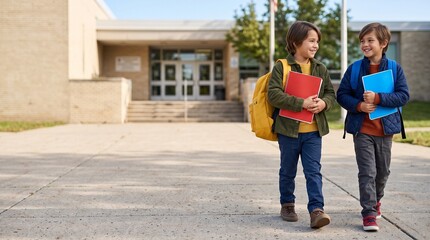 Obraz premium Friends arrive with bright backpacks for school