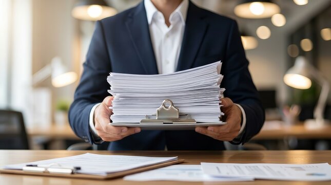 A businessman holding a large stack of organized office files and documents.