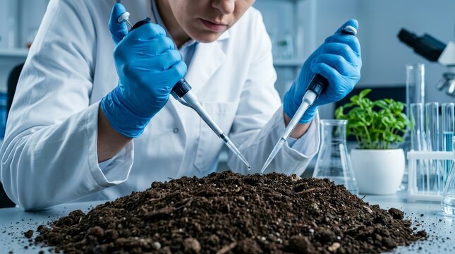 Scientist conducting soil testing in the lab for contamination analysis.