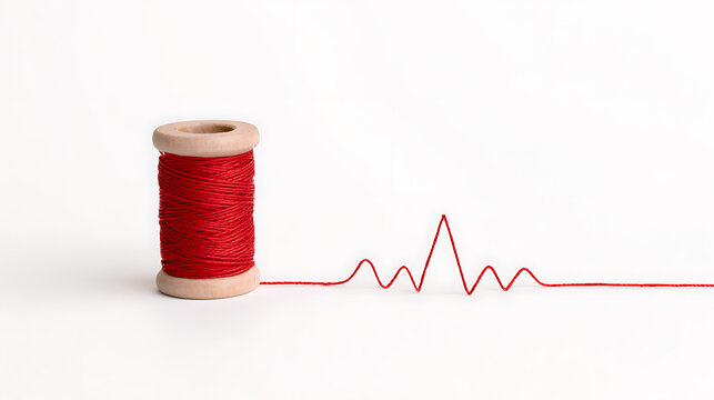 Red thread spool on a white surface with a thread forming a heartbeat pulse line concept symbol of life health care and medical monitoring