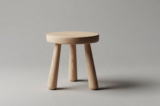 Minimalist wooden stool with three legs sits on a plain gray studio background. Simple furniture piece has round seat and natural wood grain texture. Object isolated.