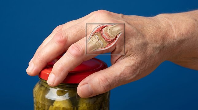 Close-up of an adult hand gripping a red jar lid with a medical inset