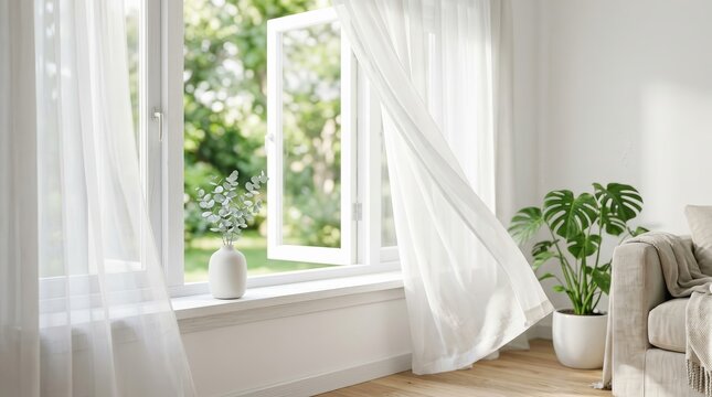 Open window with sheer white curtains flowing in a gentle breeze for natural ventilation.