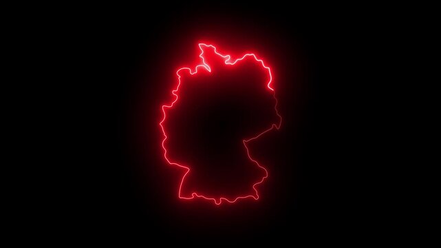 Glowing red neon outline map of germany on black background, digital technology concept