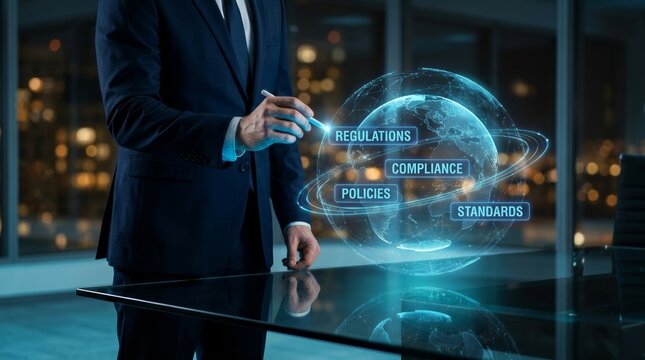 Businessman interacting with a glowing digital globe representing global compliance and standards.