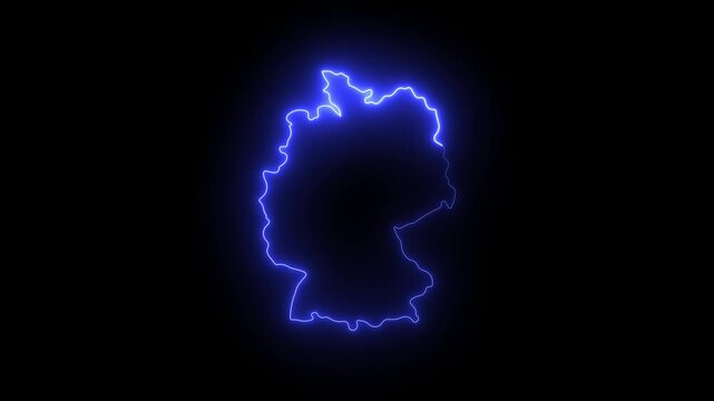 Glowing neon outline map of germany, pulsing blue light effect on black background