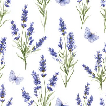 Watercolor seamless pattern of lavender sprigs with small butterflies on a clean white background, soft illustrative style