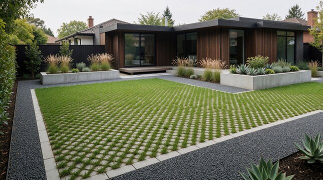 Modern backyard garden features permeable grass pavers, dark grey gravel path. Contemporary residential house with wood cladding, large windows overlooks neat landscape design. Sustainable yard