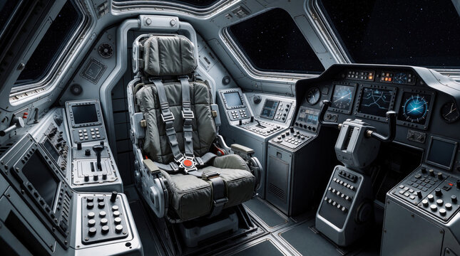 View inside futuristic spacecraft cockpit featuring pilot, control panel and navigation screens showing starfield. Advanced sci-fi interior for space exploration missions. Ready for launch.