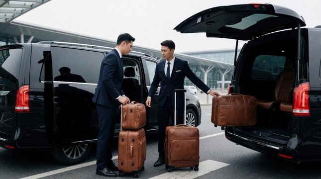 Airport transfer service men load luggage into luxury van. Professional drivers assist clients with bags for smooth travel. VIP pickup at terminal.