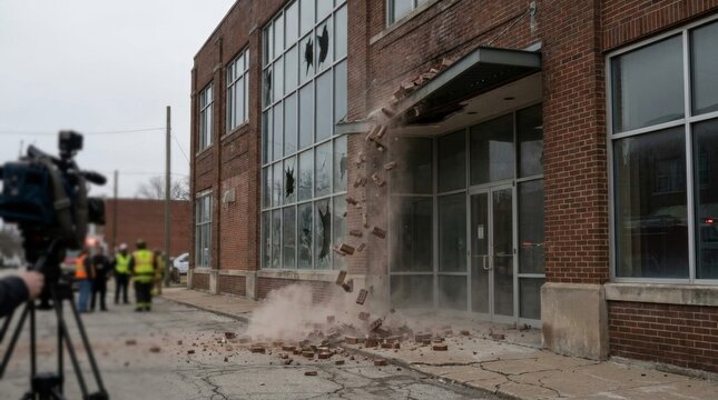 Brick building facade collapsing during earthquake. Bricks fall from damaged entrance as news camera records the destruction while rescue workers gather in background.