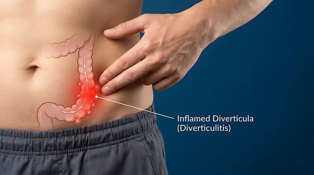 Medical illustration of a person with abdominal pain showing an