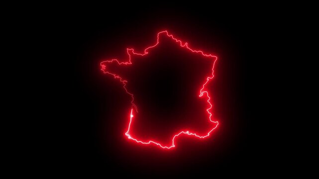 Glowing red neon outline map of france on black background, digital country border