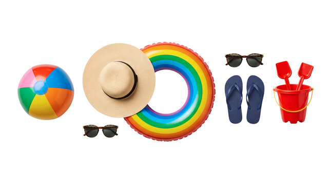 Colorful beach accessories include a swim ring, straw hat, ball and flip flops. It shows rainbow bands, dark sunglasses and a red bucket with small shovels on a transparent background.