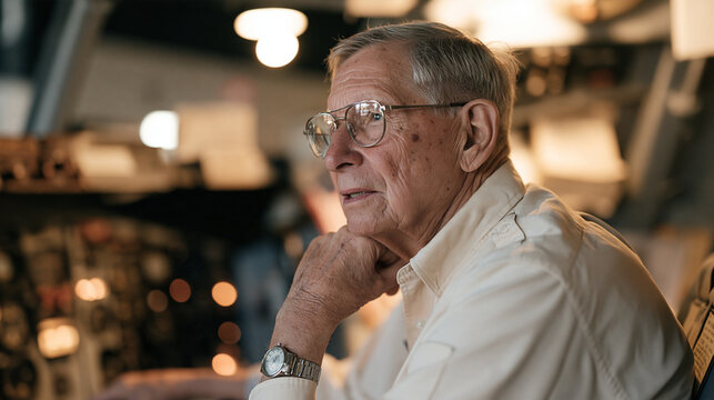 A retired pilot sitting in a cockpit museum exhibit staring at instruments he once mastered but can no longer identify, professional procedural memory loss, veteran cognitive