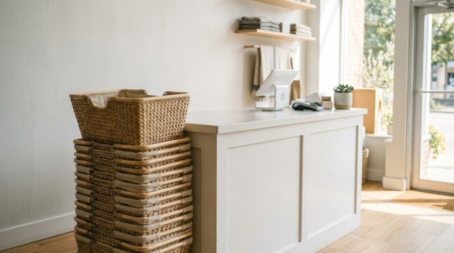 Stack of woven shopping baskets beside a clean white retail counter with a tablet and card reader, bright sunlit store interior with copy space