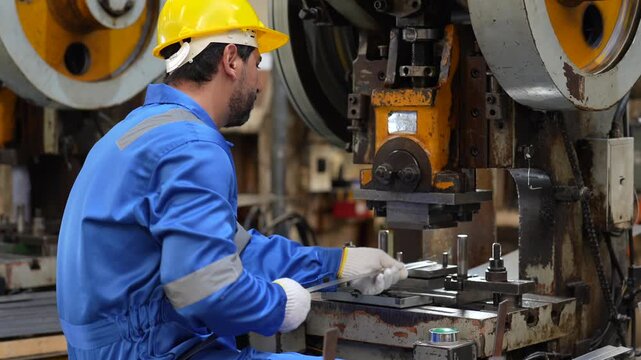Male adult industrial worker operating metal stamping press machine, wearing protective gear inside busy factory manufacturing facility, focused precision manufacturing, workplace safety