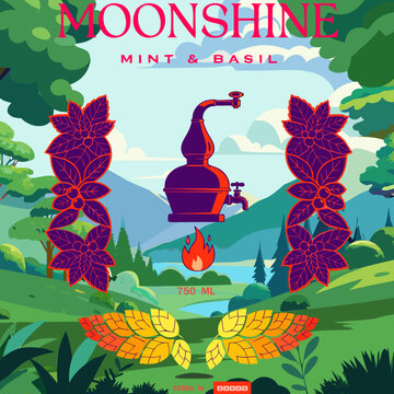 vector, vector graphics, moonshine, berries, maize, label, sticker, blueberry, oak, wormwood, wild berry, rowan, juniper, alcoholic beverages, bourbon, spirits, alcoholic products