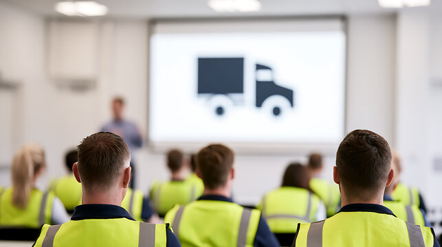 Professional logistics training session in modern corporate office meeting room with diverse team listening to speaker presentation about cargo