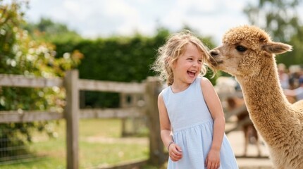 Fototapeta premium Joyful young girl interacts with a curious alpaca in a sunlit petting zoo, offering vibrant outdoor marketing copy space