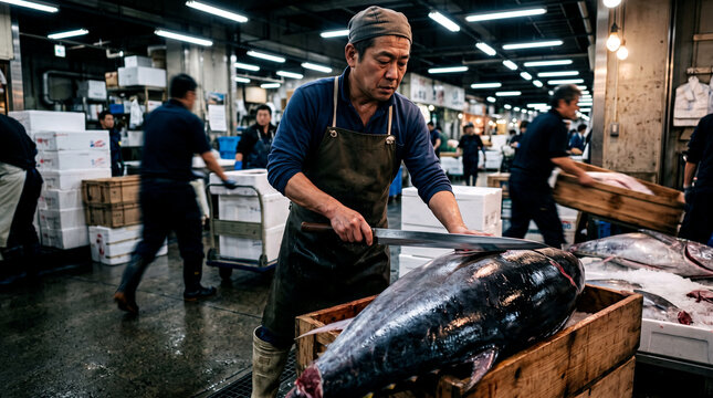 Japanese fishmonger bluefin tuna knife fish market Tokyo authentic stock