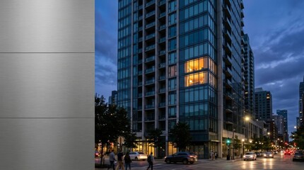 Obraz premium Modern apartment building at dusk with warm illuminated window, signifying purchase and urban living. Real estate marketing asset.