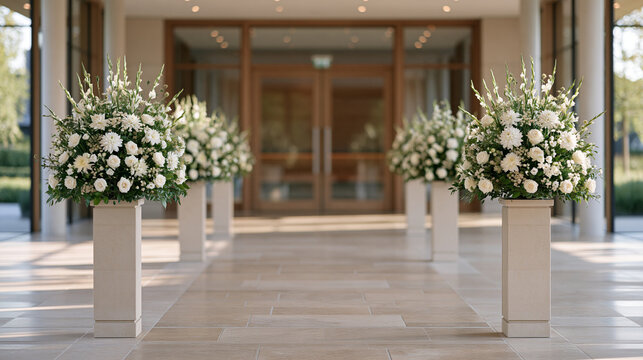 Wide view of a modern crematorium foyer with minimalist white floral tributes on pedestals lining a polished stone walkway leading to double doors, contemporary funeral design,