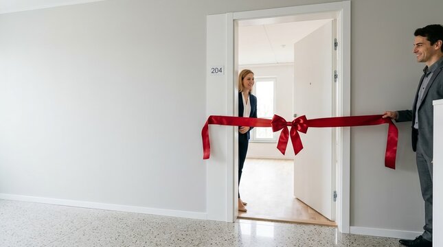 Couple cuts red ribbon to open new apartment door, symbolizing home purchase and new beginnings