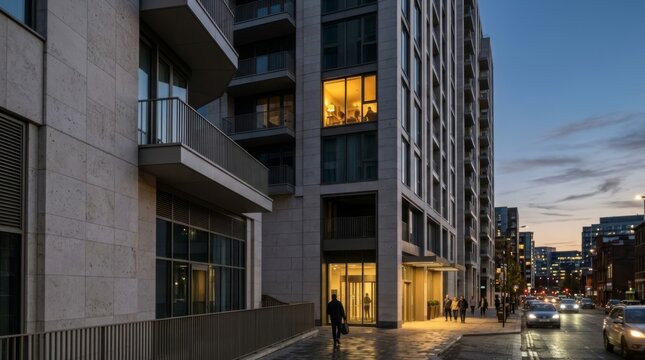 Modern apartment building exterior at dusk with warm lit window and people, urban living concept