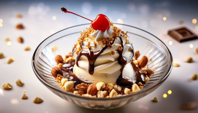 creamy vanilla ice cream sundae with hot fudge whipped cream chopped nuts and a maraschino cherry in a glass dish