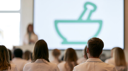 Obraz premium Medical seminar audience listen to speaker in conference hall with large screen displaying pharmacy symbol during professional education event