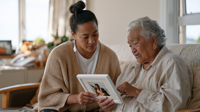 A young Maori woman holding a framed photo and weeping as her elderly mother cannot recognize her during a care facility visit, emotional caregiver breakdown, alzheimers family
