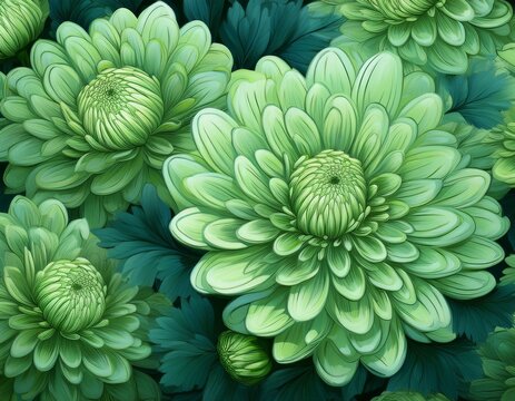 vibrant green chrysanthemum blossoms arranged in decorative seamless floral pattern