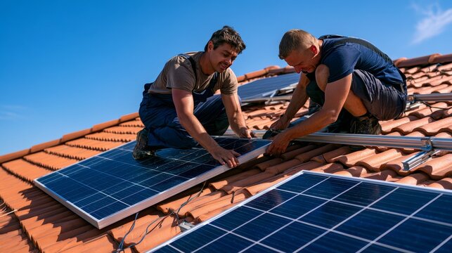 Workers installing solar panels on a residential roof