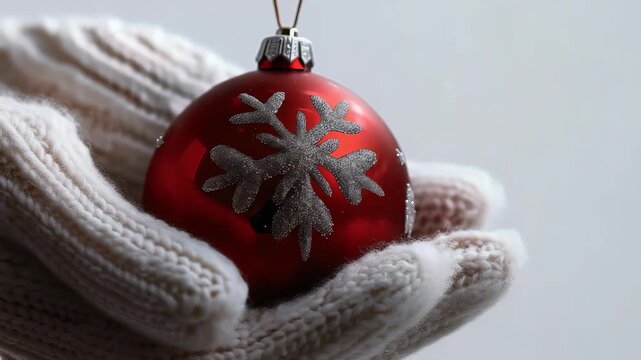 A red, round holiday ornament featuring a silver snowflake design is held in a cozy, white, knit-mittened hand, evoking a sense of winter warmth and festive cheer.