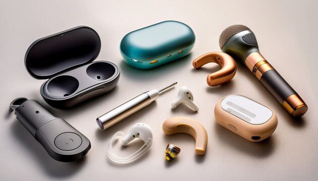 assorted modern hearing aids and accessories including behind the ear ric devices in ear bud charging cases earbuds cleaning brush and rechargeable streamer