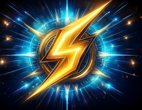 bright yellow and blue lightning bolt emblem with sparkling rays