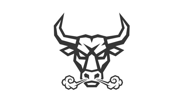 Angry bull head outline illustration with sharp horns and puffing smoke clouds from its nostrils, symbol of power.