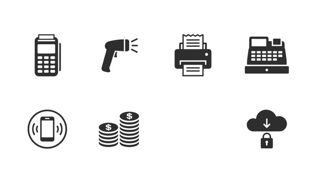 Retail and payment icons set showing barcode scanner, POS terminal, cash register, receipt printer, and secure payment.