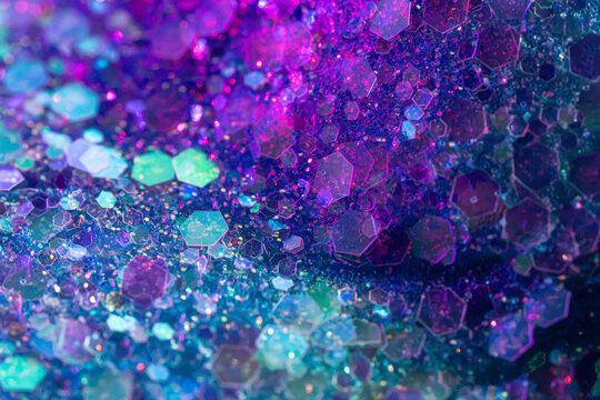 Vibrant hexagonal glitter texture background in purple and teal