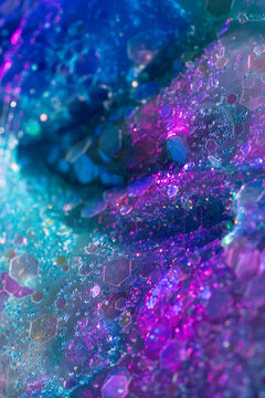 Abstract hexagonal crystal texture with neon blue and purple glow