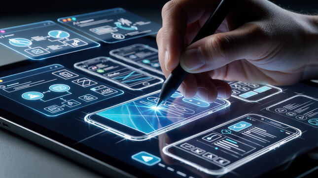 Person designs app interface on tablet. UI UX designer sketches mobile screens, creates wireframes and prototypes. Digital creativity for software development project.
