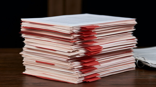 A tall stack of important office documents and paperwork with red index tabs organized neatly on a dark wooden desk in a corporate room